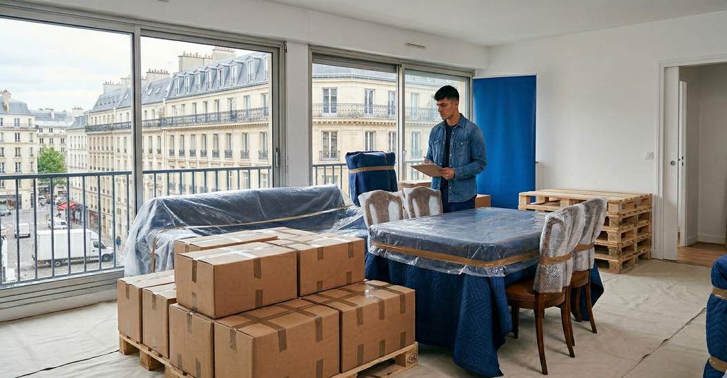 Cartons d'un studio prêts pour l'expédition outre-mer
